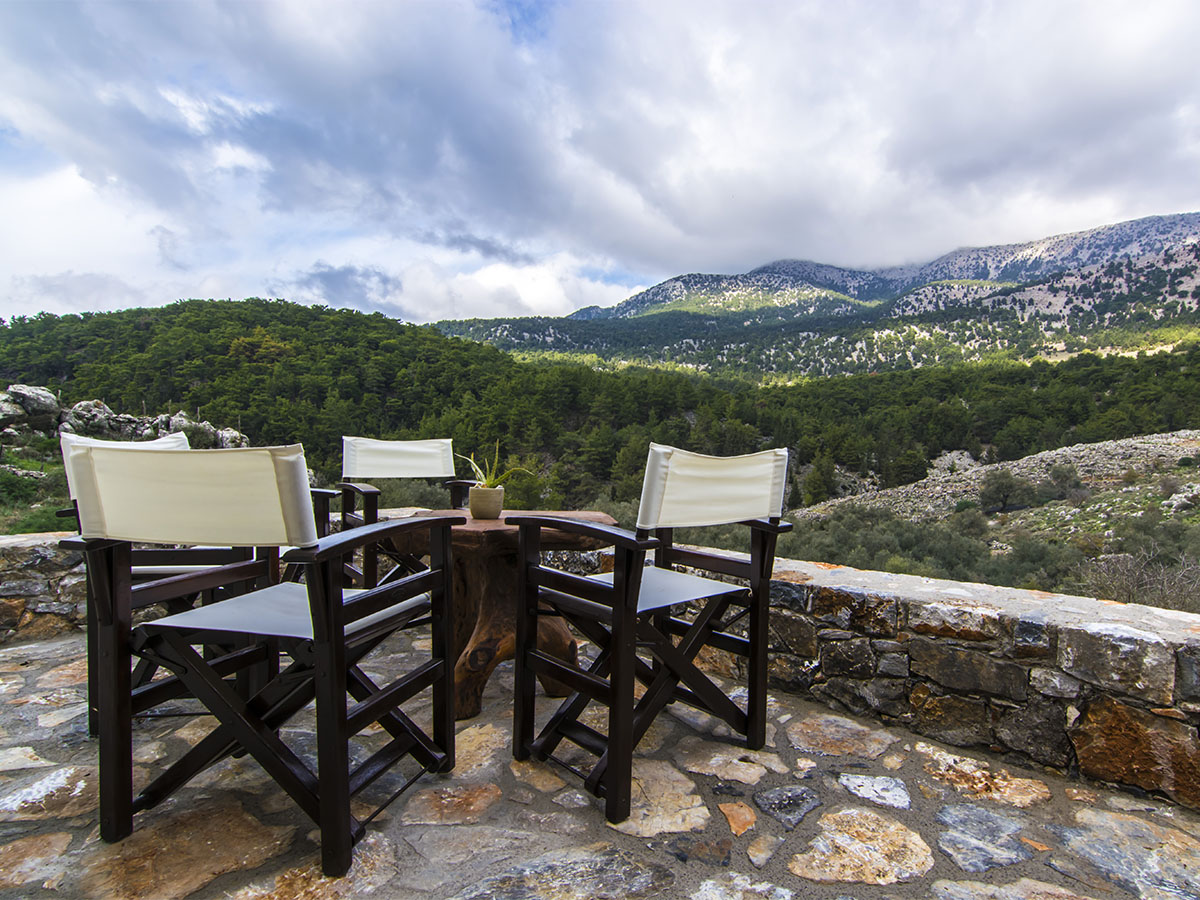 Terrace seating overlooking the forested White Mountains